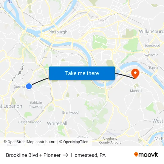 Brookline Blvd + Pioneer to Homestead, PA map
