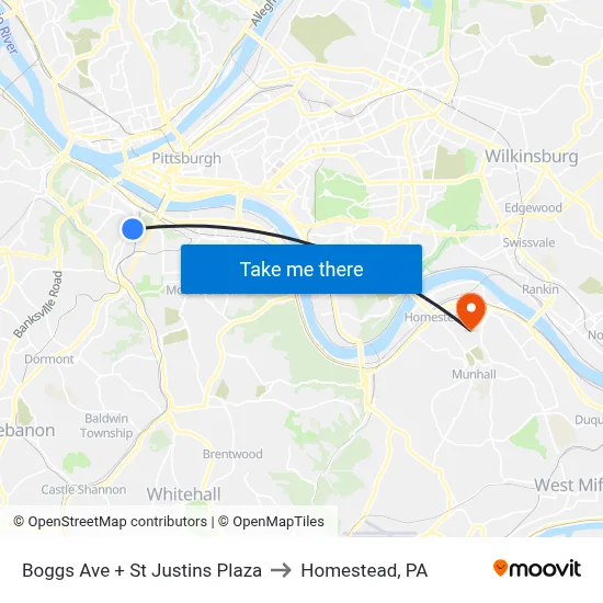 Boggs Ave + St Justins Plaza to Homestead, PA map
