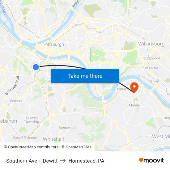 Southern Ave + Dewitt to Homestead, PA map