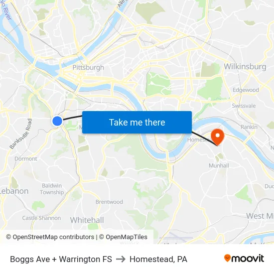 Boggs Ave + Warrington FS to Homestead, PA map