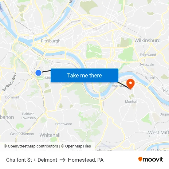Chalfont St + Delmont to Homestead, PA map