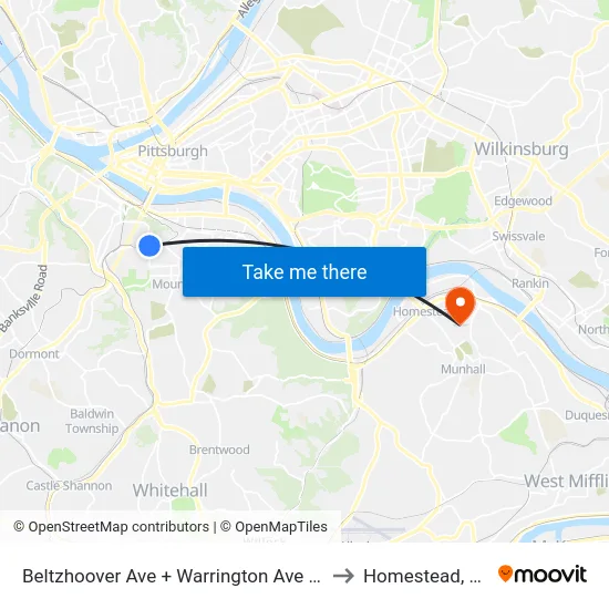 Beltzhoover Ave + Warrington Ave FS to Homestead, PA map