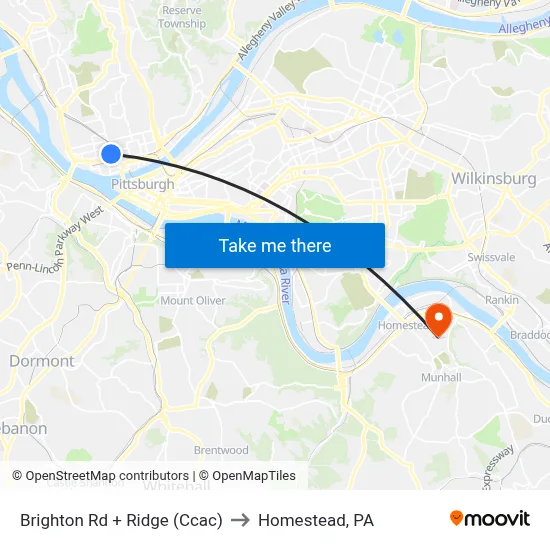 Brighton Rd + Ridge (Ccac) to Homestead, PA map