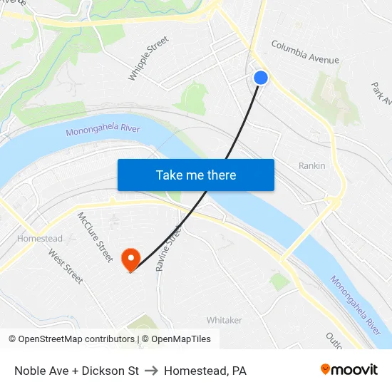 Noble Ave + Dickson St to Homestead, PA map