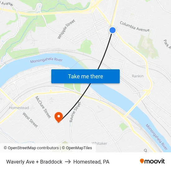 Waverly Ave + Braddock to Homestead, PA map