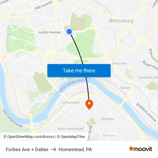 Forbes Ave + Dallas to Homestead, PA map