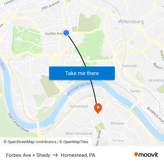 Forbes Ave + Shady to Homestead, PA map