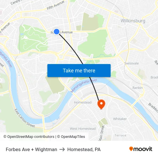 Forbes Ave + Wightman to Homestead, PA map