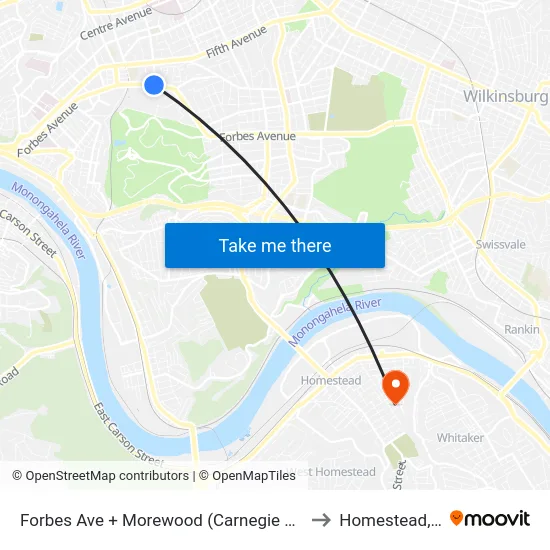 Forbes Ave + Morewood (Carnegie Mellon) to Homestead, PA map