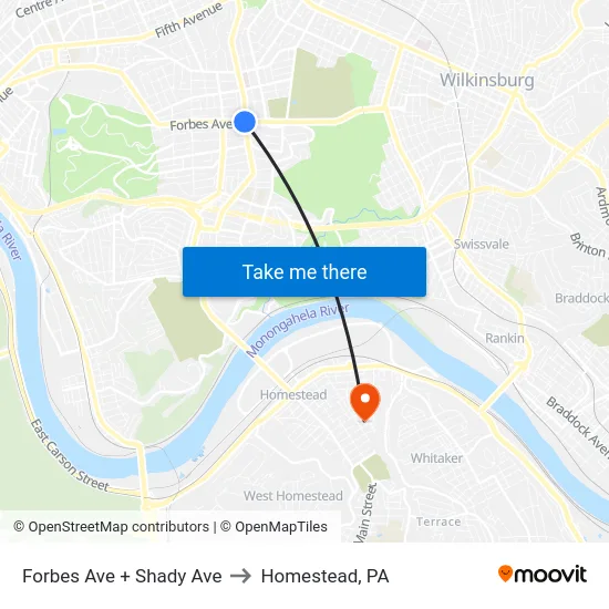Forbes Ave + Shady Ave to Homestead, PA map