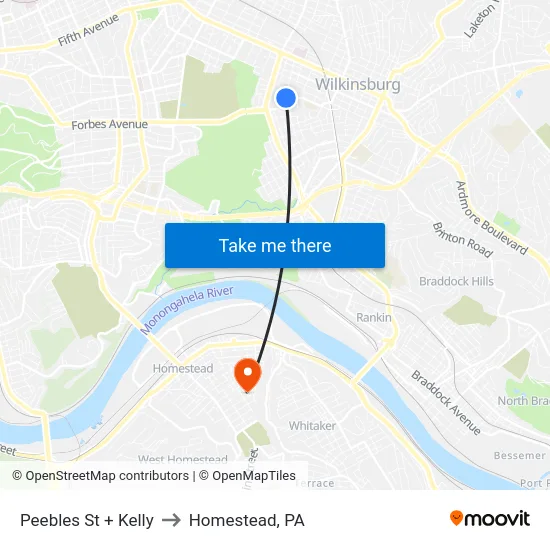 Peebles St + Kelly to Homestead, PA map