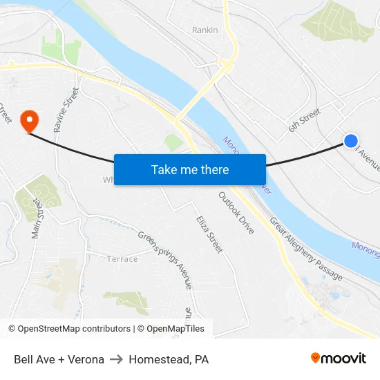 Bell Ave + Verona to Homestead, PA map