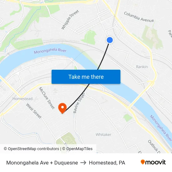 Monongahela Ave + Duquesne to Homestead, PA map