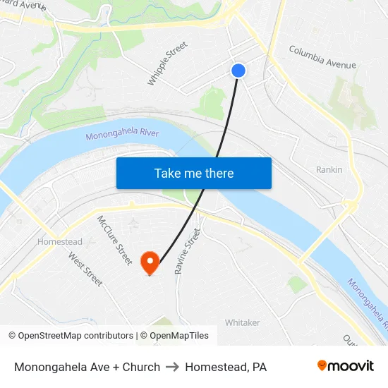 Monongahela Ave + Church to Homestead, PA map