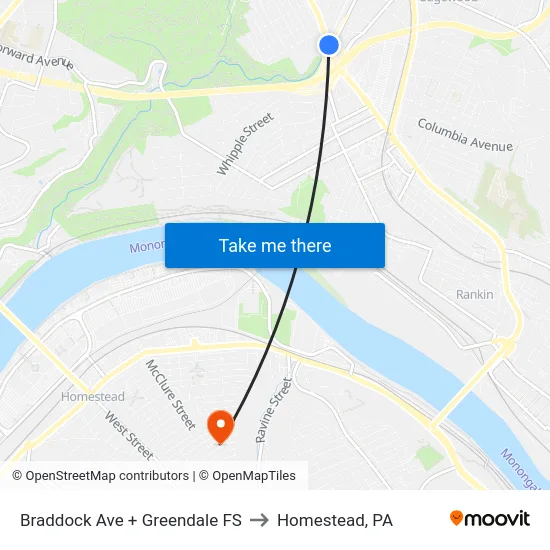 Braddock Ave + Greendale FS to Homestead, PA map