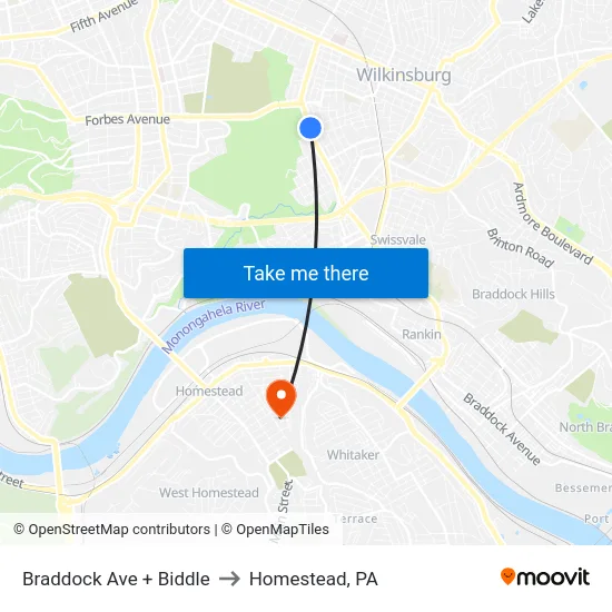 Braddock Ave + Biddle to Homestead, PA map