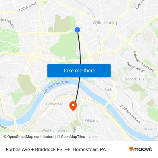 Forbes Ave + Braddock FS to Homestead, PA map
