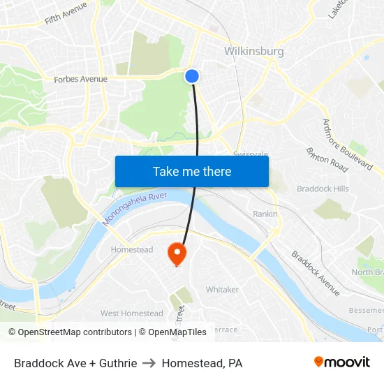 Braddock Ave + Guthrie to Homestead, PA map