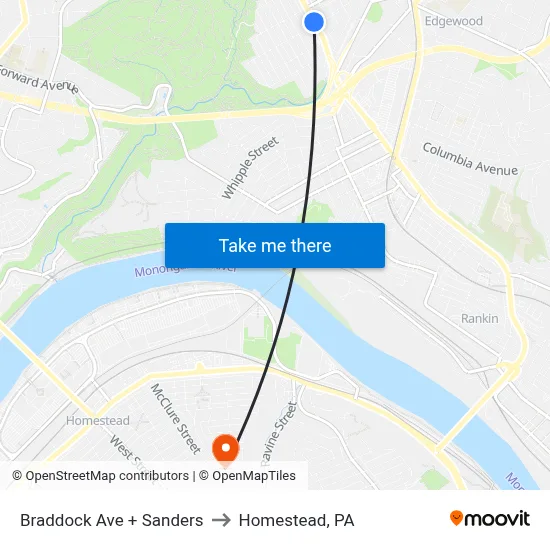Braddock Ave + Sanders to Homestead, PA map