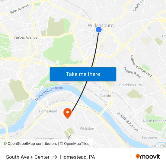 South Ave + Center to Homestead, PA map