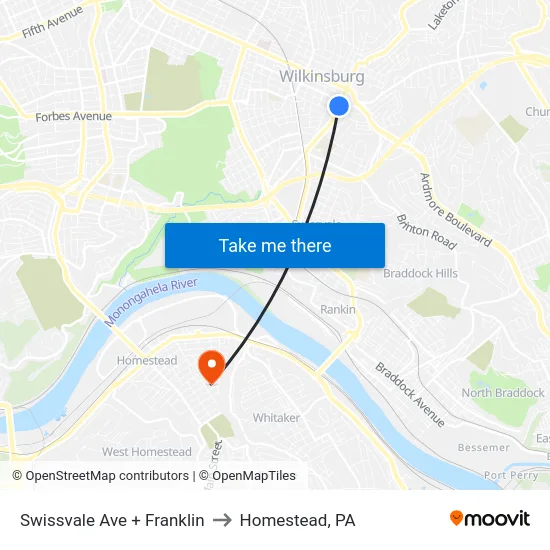 Swissvale Ave + Franklin to Homestead, PA map