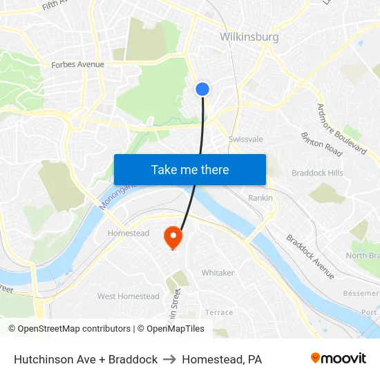 Hutchinson Ave + Braddock to Homestead, PA map