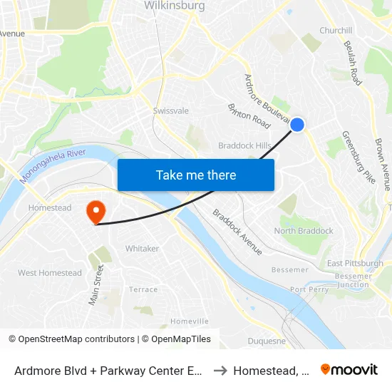 Ardmore Blvd + Parkway Center East to Homestead, PA map