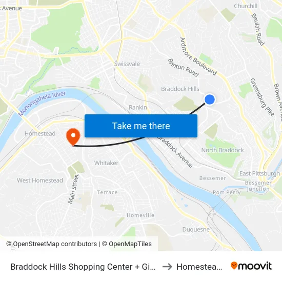 Braddock Hills Shopping Center + Giant Eagle to Homestead, PA map