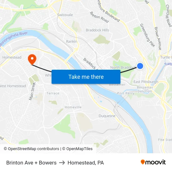 Brinton Ave + Bowers to Homestead, PA map