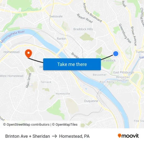 Brinton Ave + Sheridan to Homestead, PA map