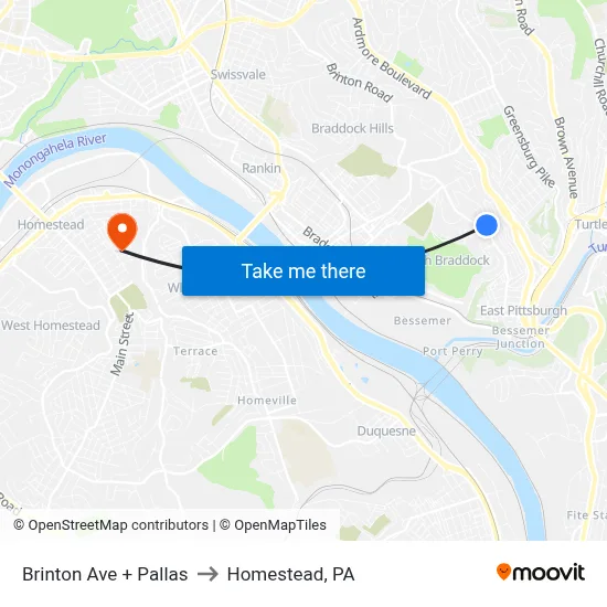 Brinton Ave + Pallas to Homestead, PA map