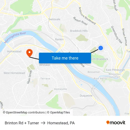 Brinton Rd + Turner to Homestead, PA map