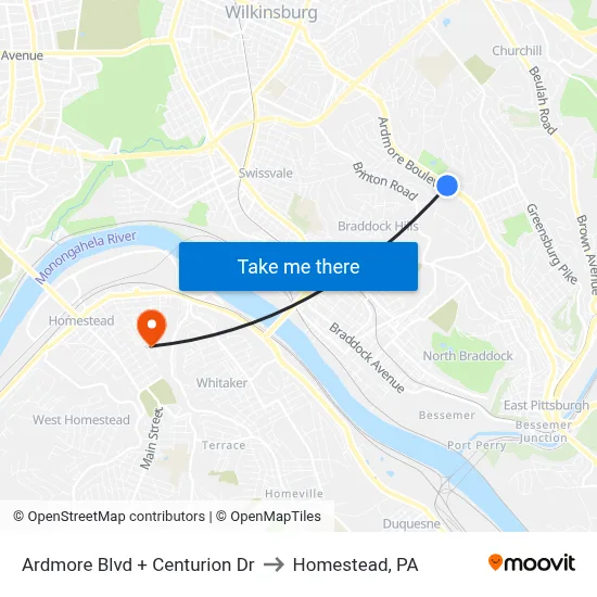 Ardmore Blvd + Centurion Dr to Homestead, PA map