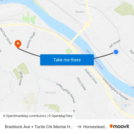 Braddock Ave + Turtle Crk Mental Health Ctr to Homestead, PA map