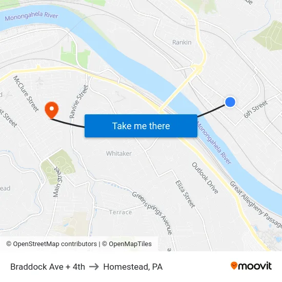 Braddock Ave + 4th to Homestead, PA map