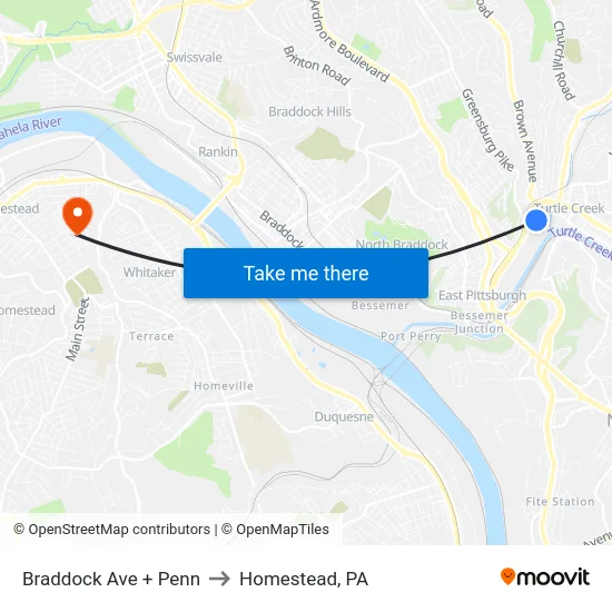 Braddock Ave + Penn to Homestead, PA map
