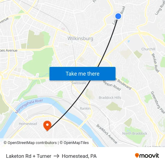 Laketon Rd + Turner to Homestead, PA map