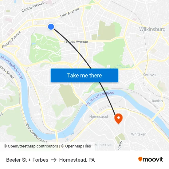 Beeler St + Forbes to Homestead, PA map