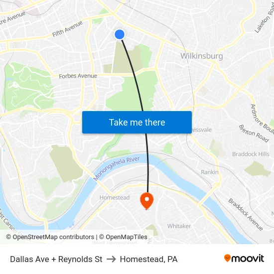 Dallas Ave + Reynolds St to Homestead, PA map