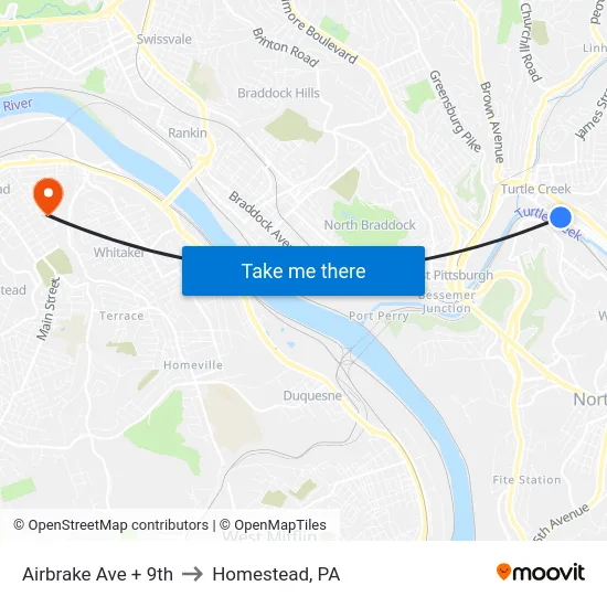 Airbrake Ave + 9th to Homestead, PA map