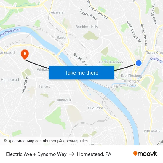 Electric Ave + Dynamo Way to Homestead, PA map