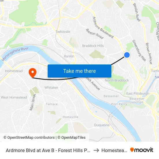 Ardmore Blvd at Ave B - Forest Hills Park And Ride to Homestead, PA map
