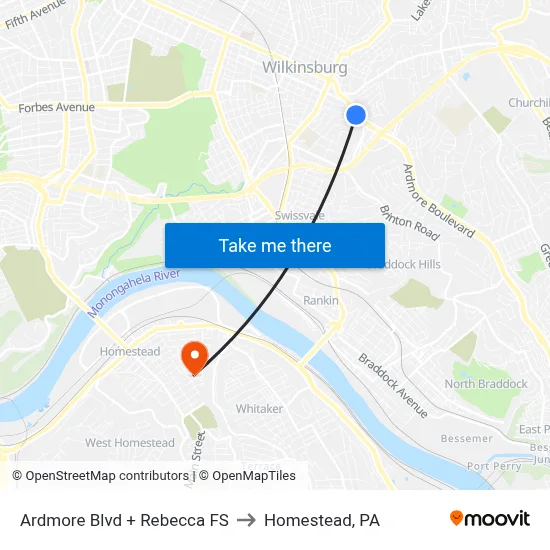 Ardmore Blvd + Rebecca FS to Homestead, PA map