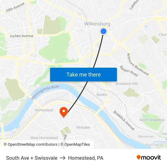 South Ave + Swissvale to Homestead, PA map