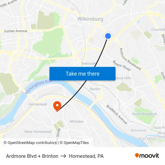 Ardmore Blvd + Brinton to Homestead, PA map