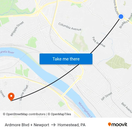 Ardmore Blvd + Newport to Homestead, PA map