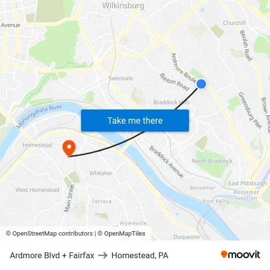 Ardmore Blvd + Fairfax to Homestead, PA map