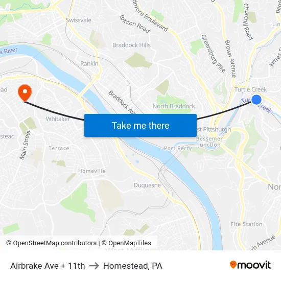 Airbrake Ave + 11th to Homestead, PA map