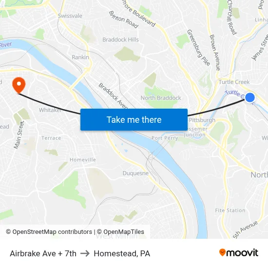 Airbrake Ave + 7th to Homestead, PA map