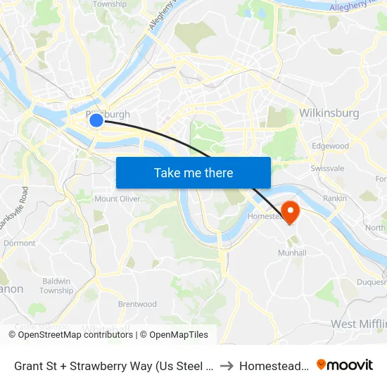 Grant St + Strawberry Way (Us Steel Tower) to Homestead, PA map
